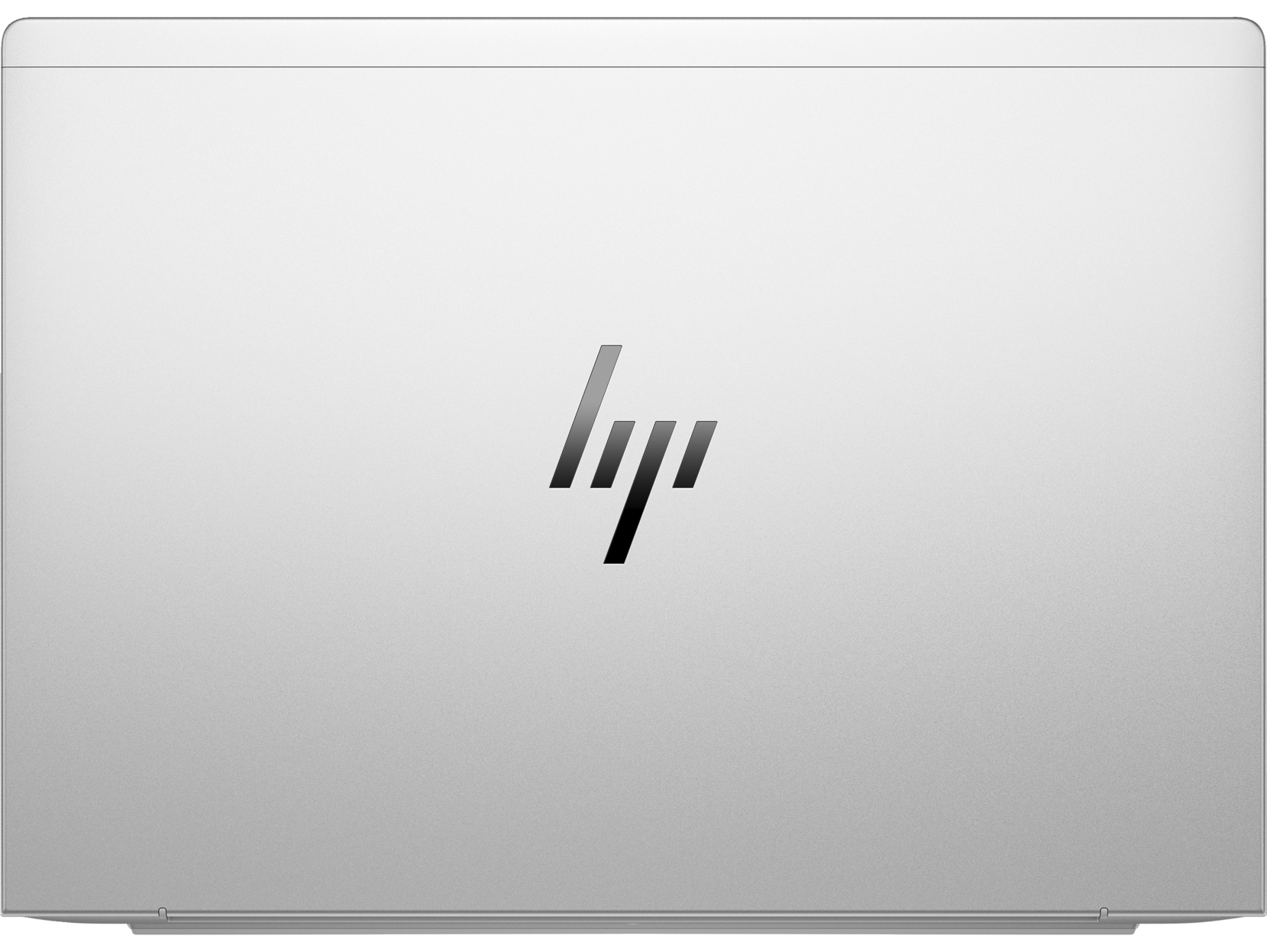 Una tapa de portátil plateada con un logotipo negro de HP en el centro.