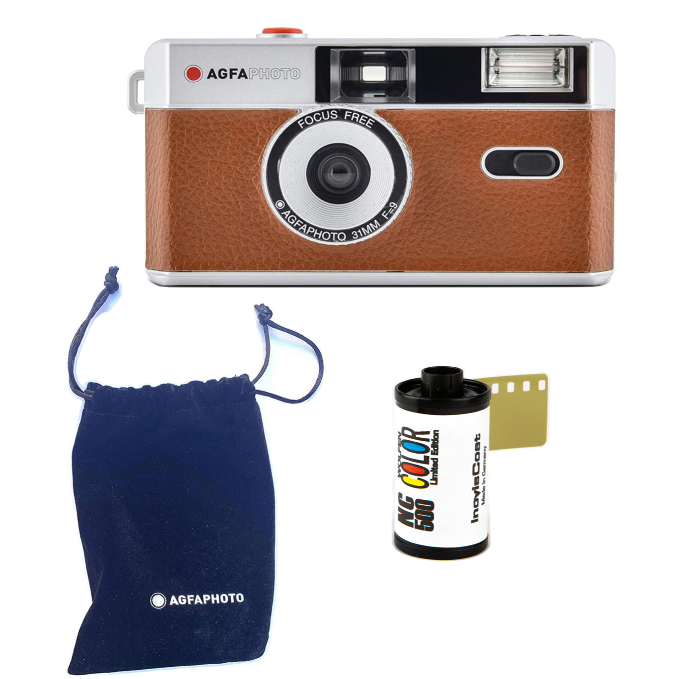 Vintage-Kamera mit braunem Lederfinish. Enthält eine Filmrolle, eine Tasche und ein objektiv.