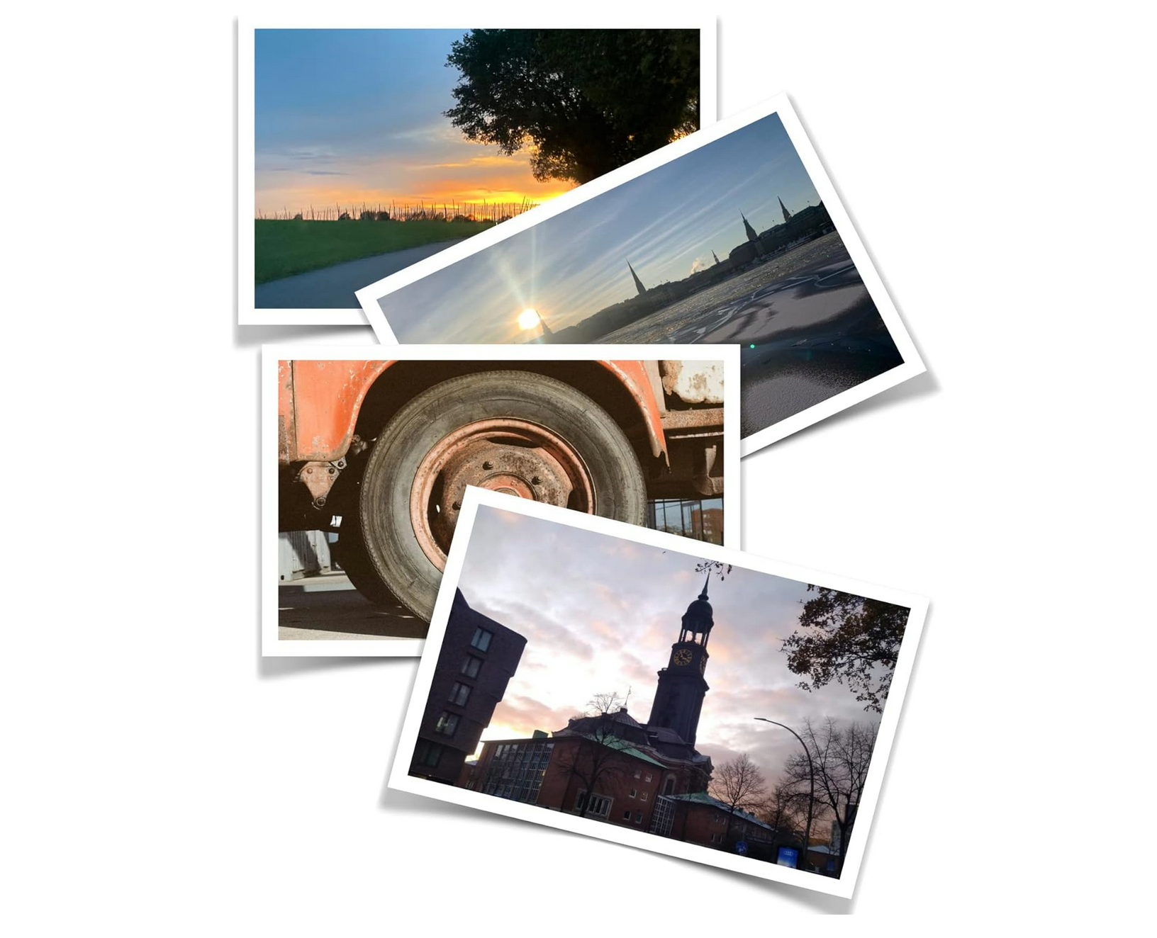 Collage von Fotos. Sonnenuntergang, Gebäude, Autoreifen, Kirche.