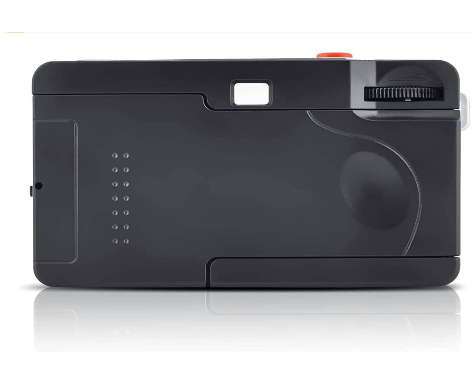 Eine schwarze Retro-Kamera mit Blitz und Aufziehrad oben.