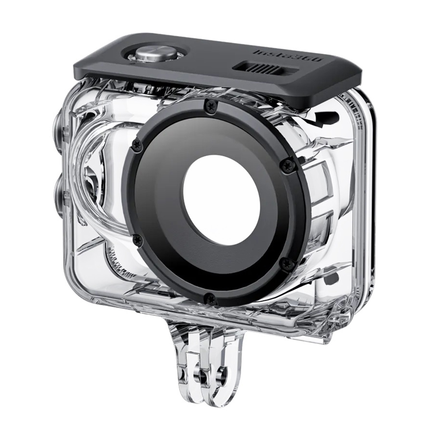 Custodia per fotocamera trasparente e impermeabile con obiettivo nero.