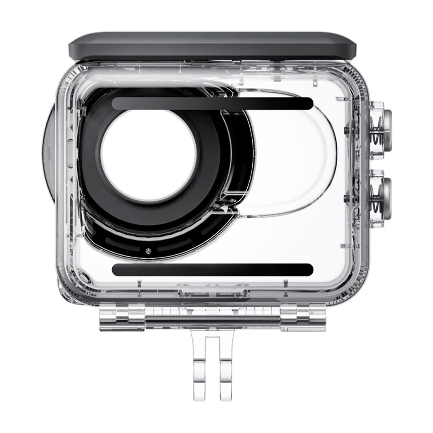 Una custodia per fotocamera trasparente e impermeabile con anello obiettivo nero, pulsanti e coperchio.
