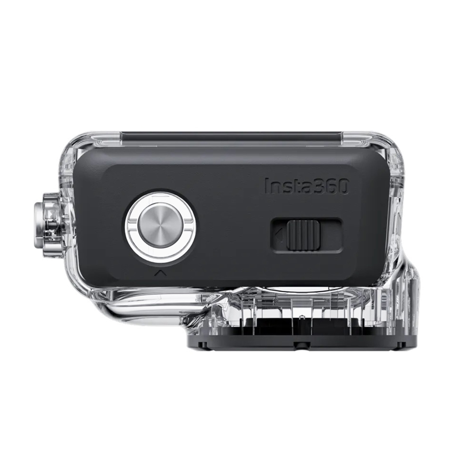 Videocamera d'azione nera e trasparente in una custodia trasparente, con un pulsante argentato e l'etichetta Insta360.