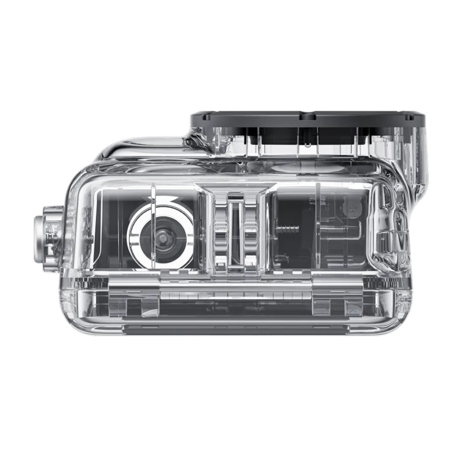 Custodia per fotocamera trasparente e impermeabile con fotocamera, pulsanti e obiettivo.
