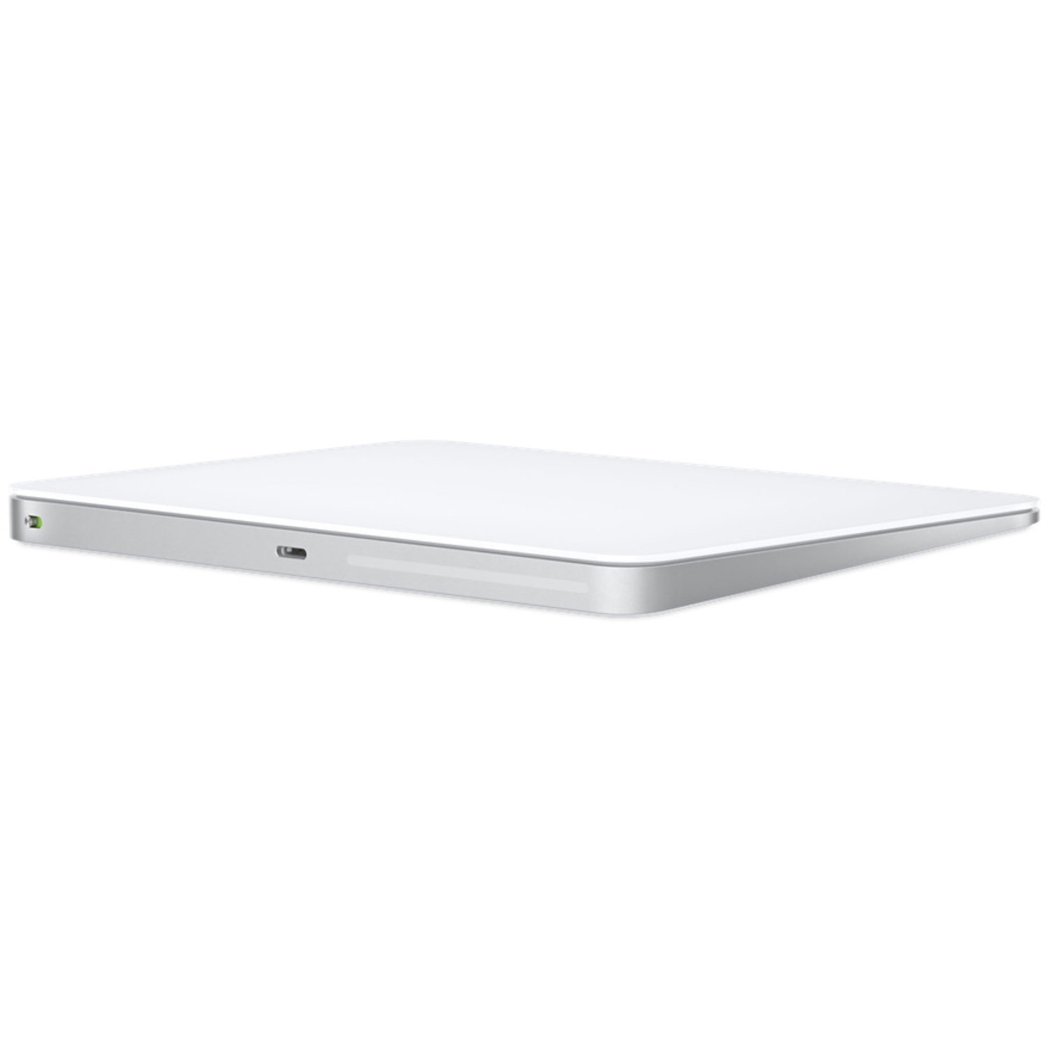 Witte Apple Magic Trackpad. Zilveren rand, strak, minimalistisch design. Geïsoleerd op witte achtergrond.