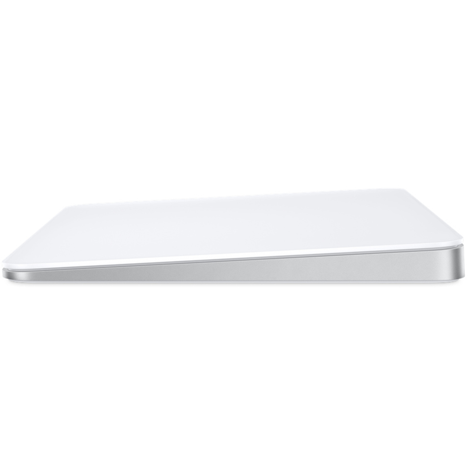 Zijaanzicht van een witte Apple Magic Trackpad, met zijn dunne profiel.