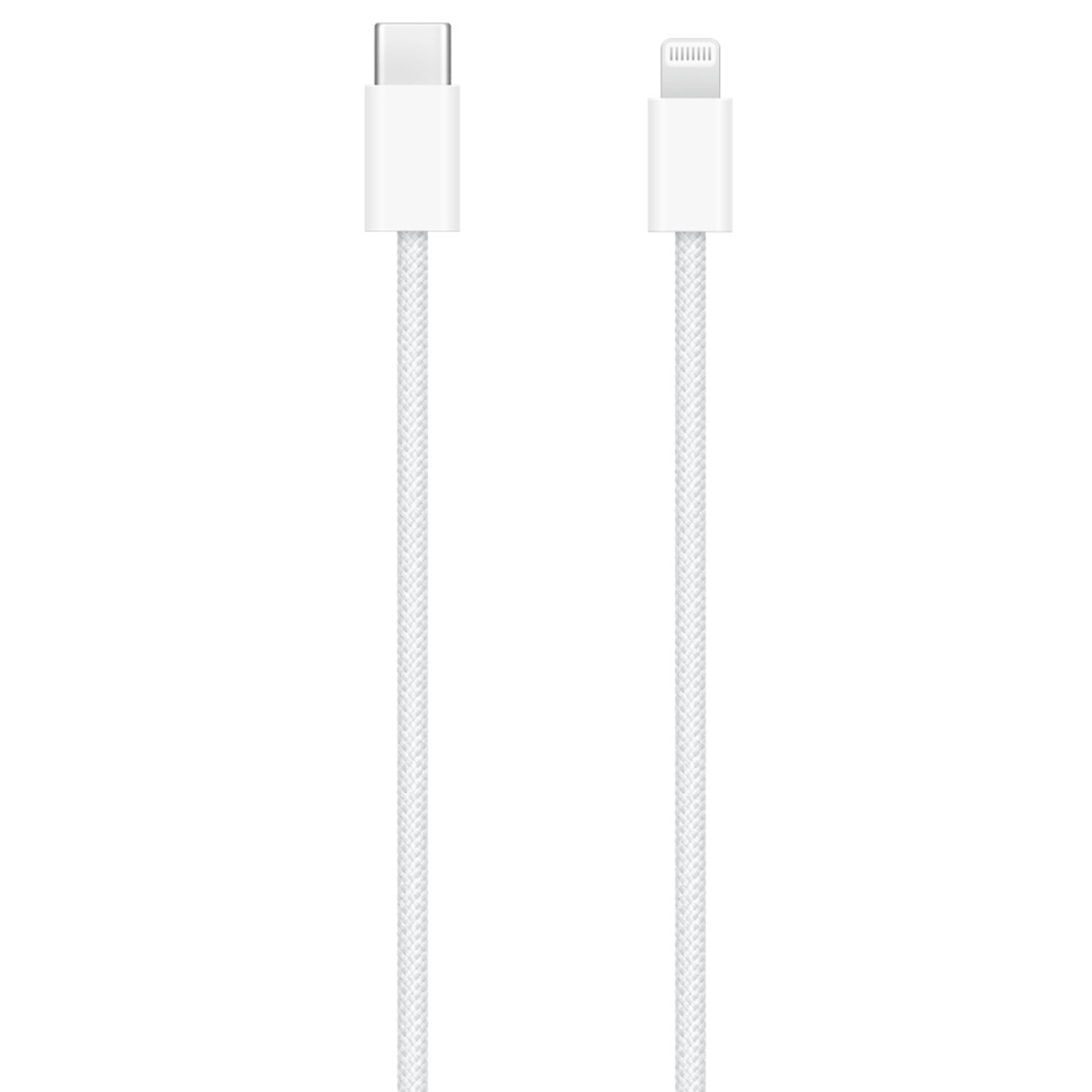 Witte USB-C naar Lightning-kabel, met twee connectoren, op witte achtergrond.