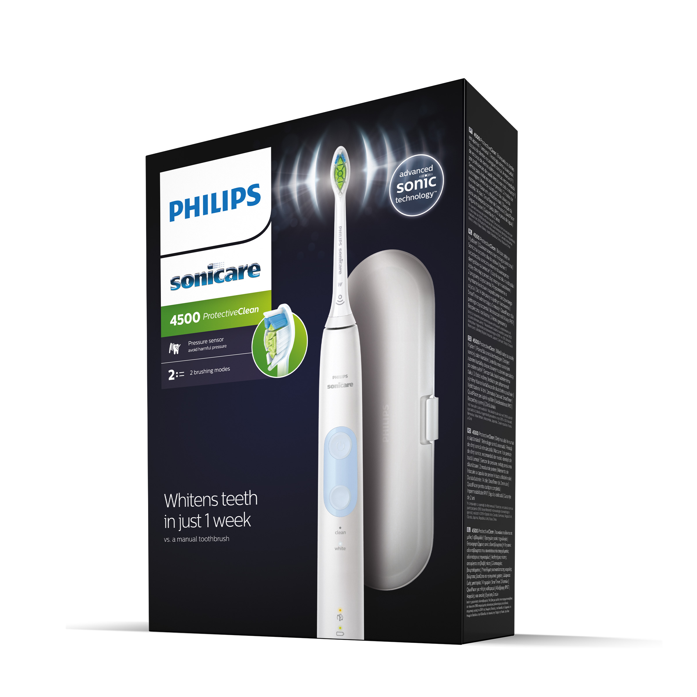 Pudełko szczoteczki Philips Sonicare. Pudełko pokazuje szczoteczkę, etui i tekst opisujący produkt.