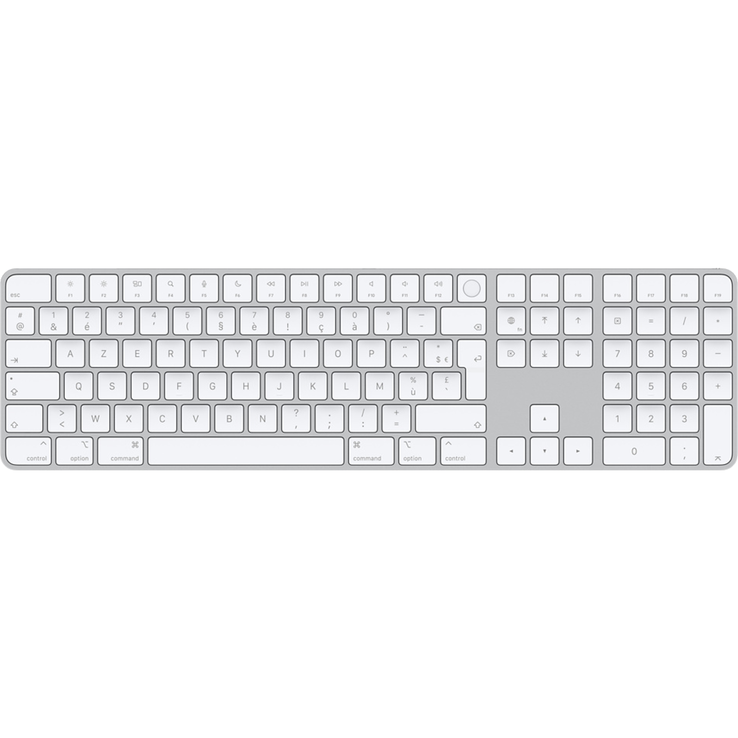 Clavier Apple argenté. Touches blanches avec lettres noires. Fond noir.