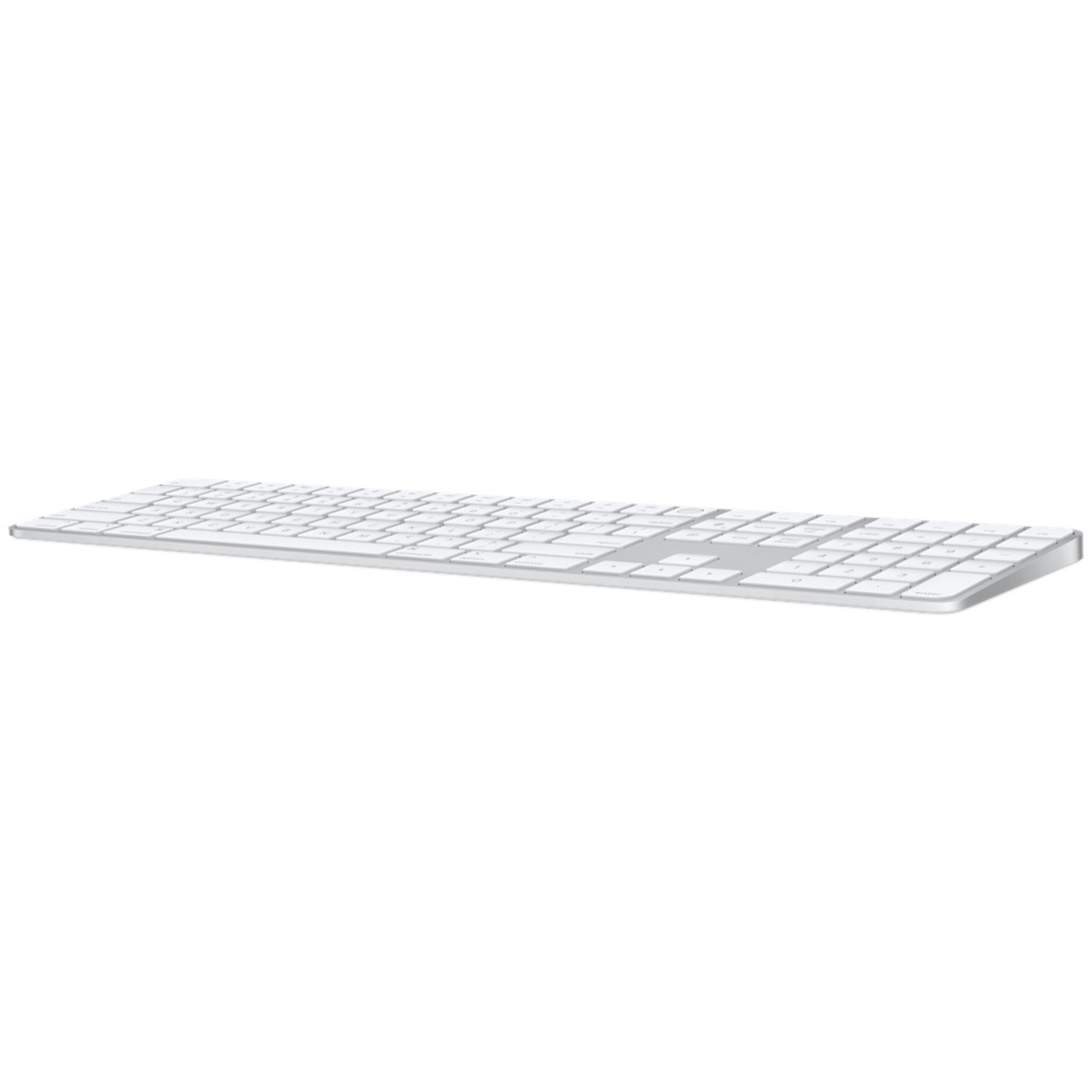 Un clavier Magic Keyboard argenté d'Apple est présenté sur un fond blanc. Le clavier est incliné.