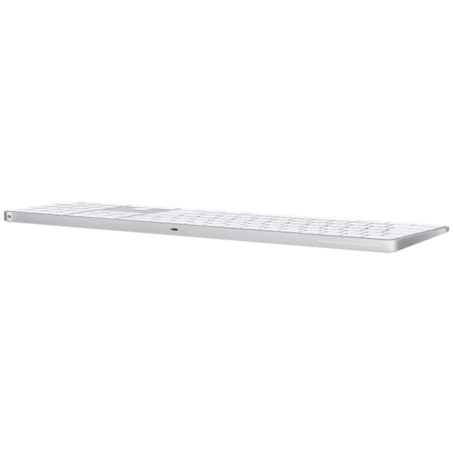 Clavier Magic Keyboard blanc d'Apple sur fond blanc. Design minimaliste. Vue de profil.