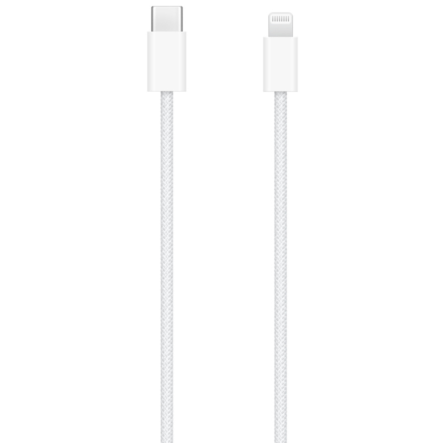 Câble blanc tressé avec connecteurs USB-C et Lightning sur fond blanc.