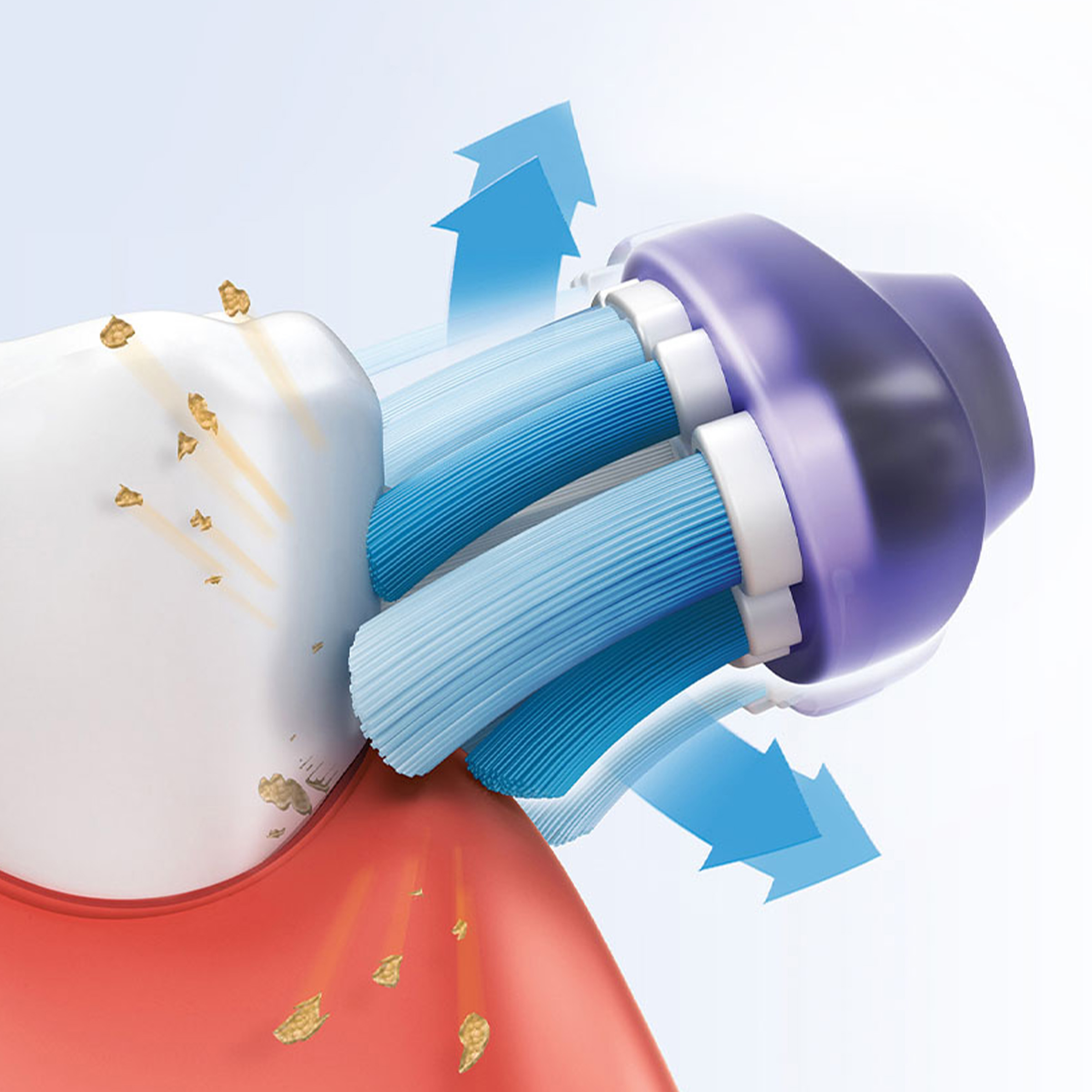 Główka szczoteczki elektrycznej czyszcząca zęby, z niebieskimi strzałkami wskazującymi działanie.
