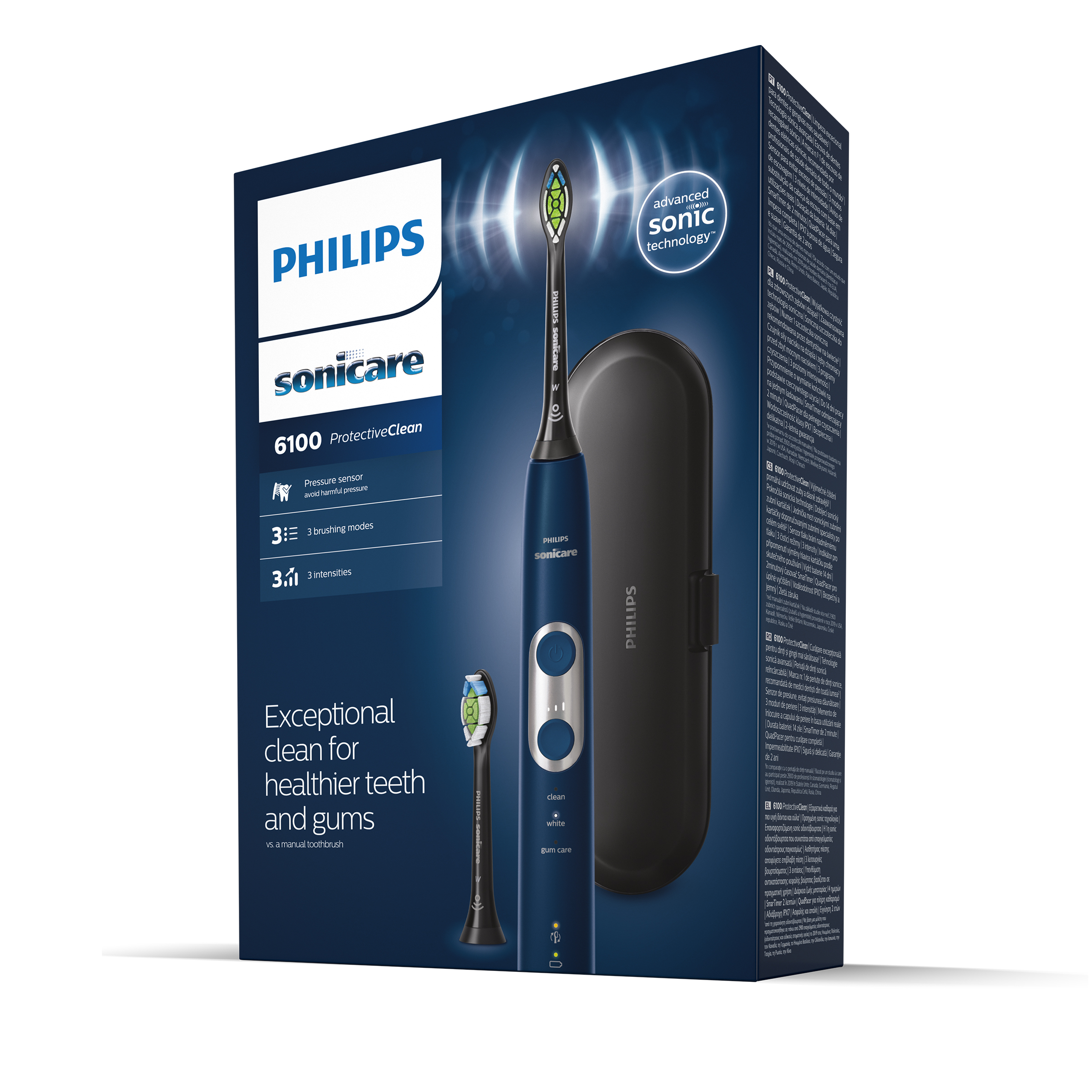 Pudełko szczoteczki elektrycznej Philips Sonicare. Niebiesko-białe, ze szczoteczką i etui.