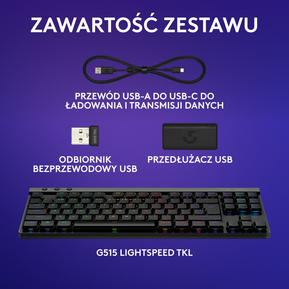Klawiatura, odbiornik USB, przedłużacz USB i kabel USB-A do USB-C.