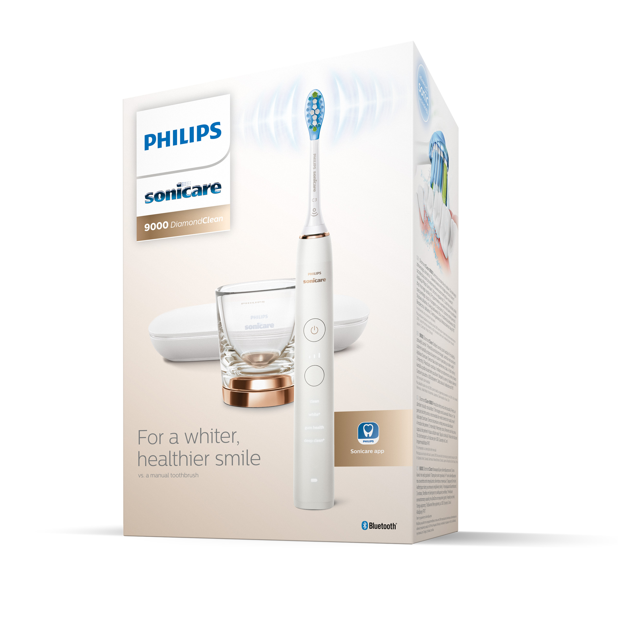 Zapakowana szczoteczka Philips Sonicare z akcesoriami. Białe pudełko z tekstem i obrazami.