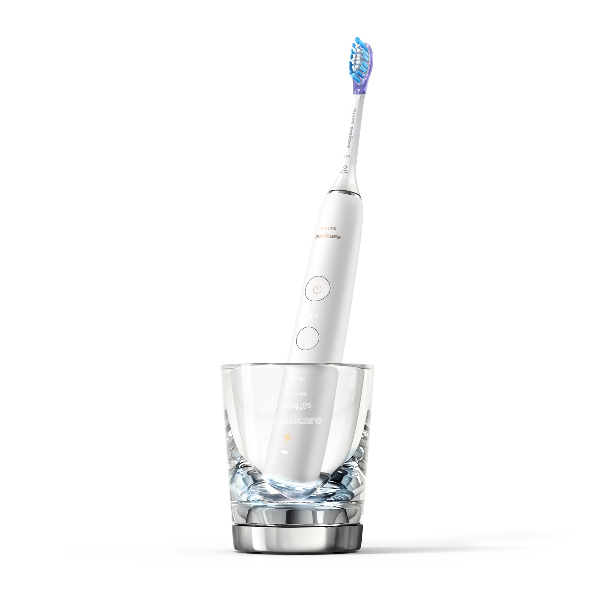 Biała szczoteczka Philips Sonicare w szklanej stacji ładującej. Białe tło.