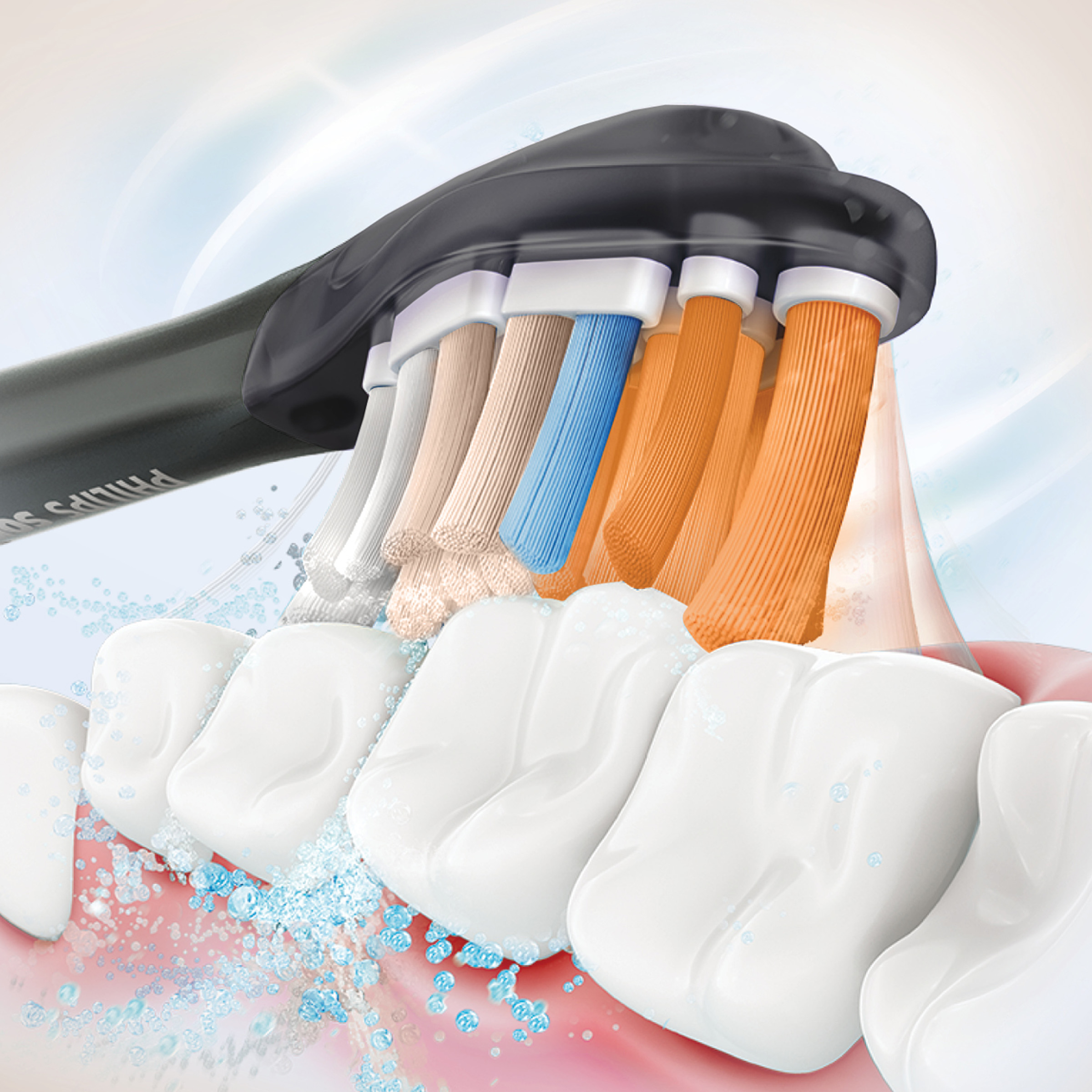 Szczoteczka do zębów czyszcząca zęby. Różne kolory włosia, białe zęby, krople wody.