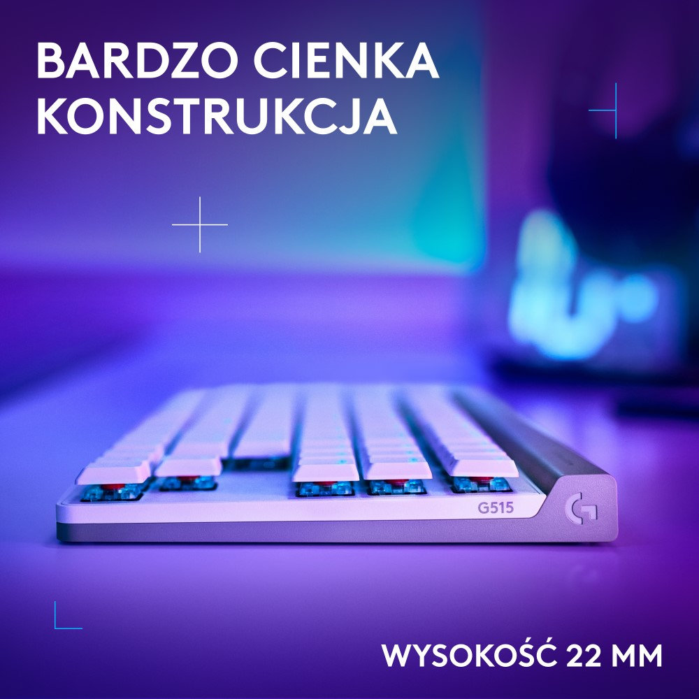 Biała klawiatura z szarymi bokami. Tekst: Bardzo cienka konstrukcja. Tekst: Wysokość 22 mm. Tło jest fioletowe i niebieskie.