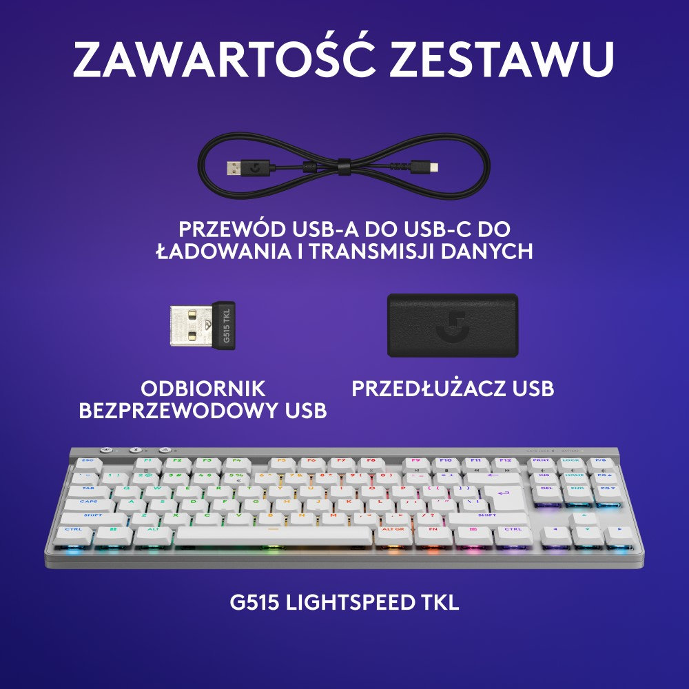 Pudełko zawiera kabel USB-A do USB-C, odbiornik USB, przedłużacz USB i klawiaturę.