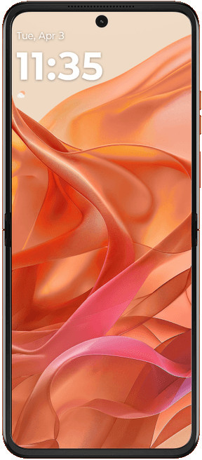Składany telefon z włączonym ekranem. Godzina to 11:35. Tło jest pomarańczowe i brzoskwiniowe.