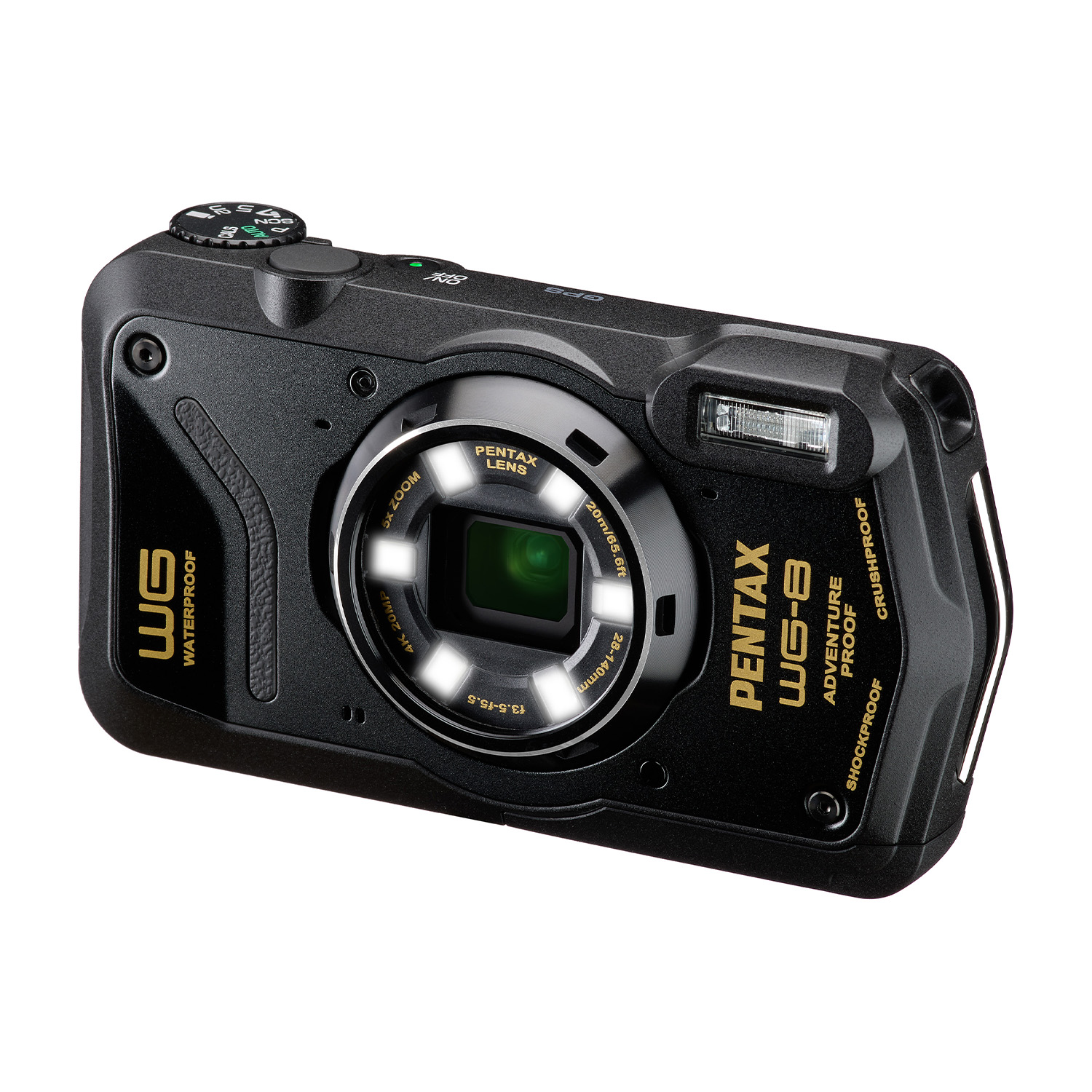 Fotocamera impermeabile Pentax WG-8 nera. Con obiettivo e vari pulsanti.