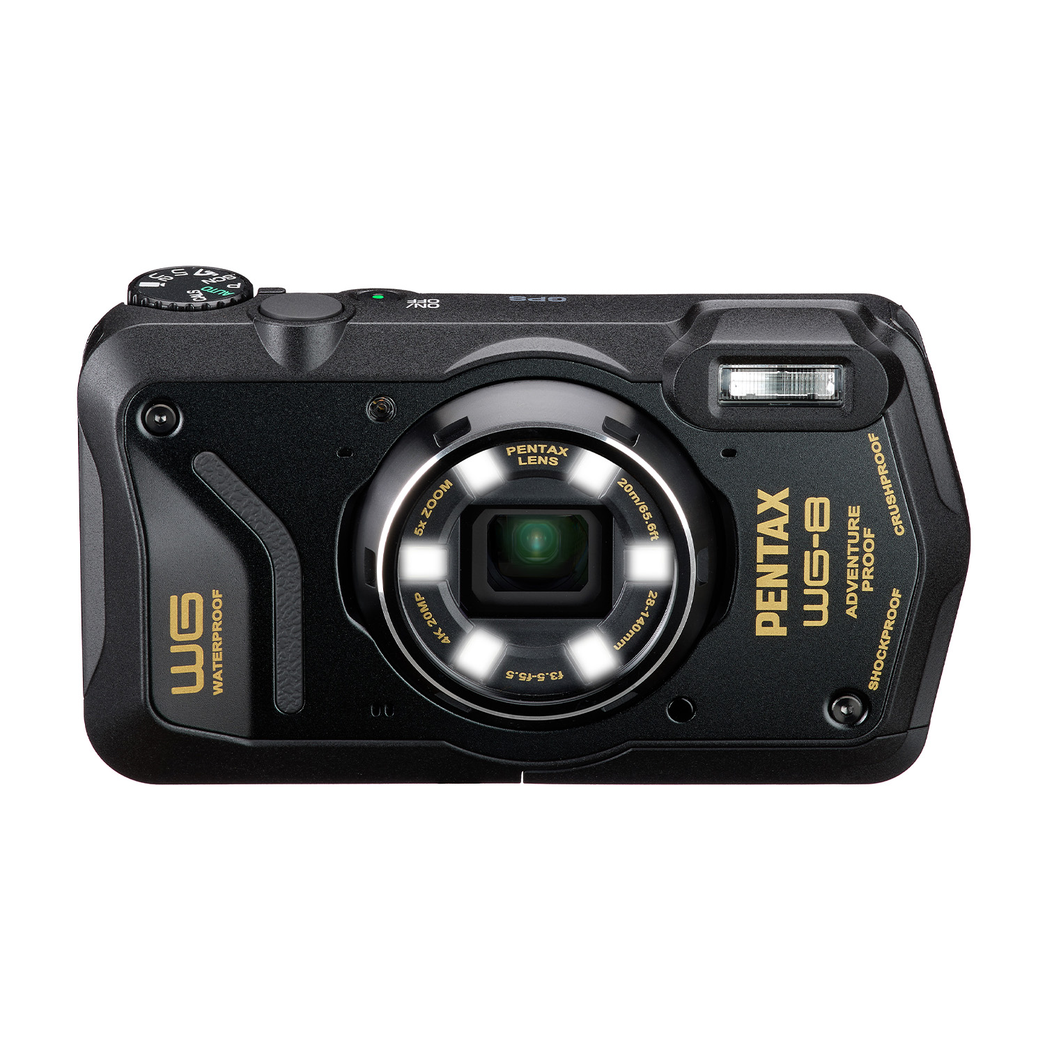 Fotocamera nera impermeabile con pulsanti e obiettivo.