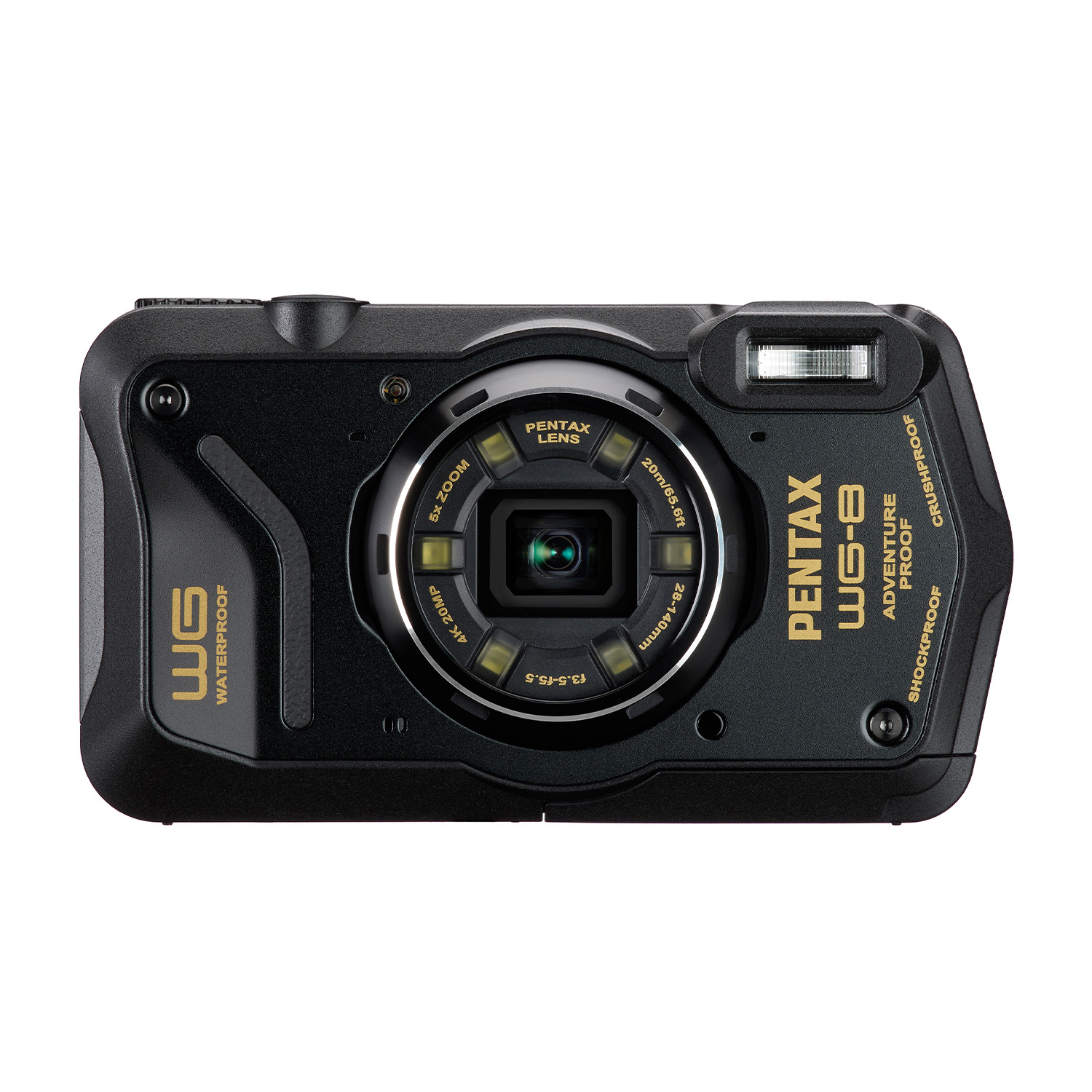 Fotocamera nera Pentax WG-8 impermeabile, con obiettivo e flash.