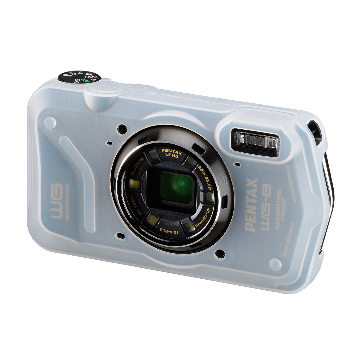 Fotocamera Pentax WG-8 impermeabile argentata con custodia protettiva grigia.
