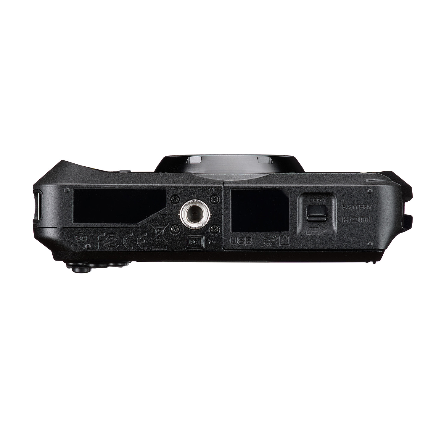 Parte inferiore di una fotocamera nera con porte e dettagli. USB, HDMI e slot batteria visibili.