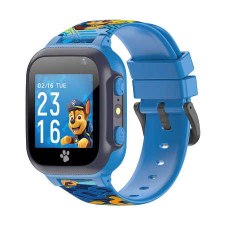 Reloj inteligente azul para niños con Chase de Paw Patrol en la pantalla. Correa y botones azules visibles.