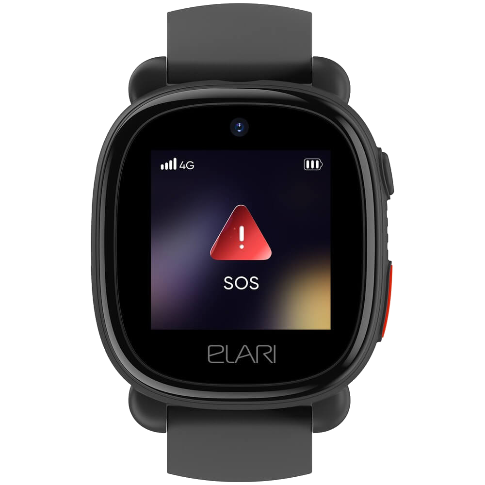 Smartwatch con pantalla mostrando alerta SOS y un triángulo rojo.