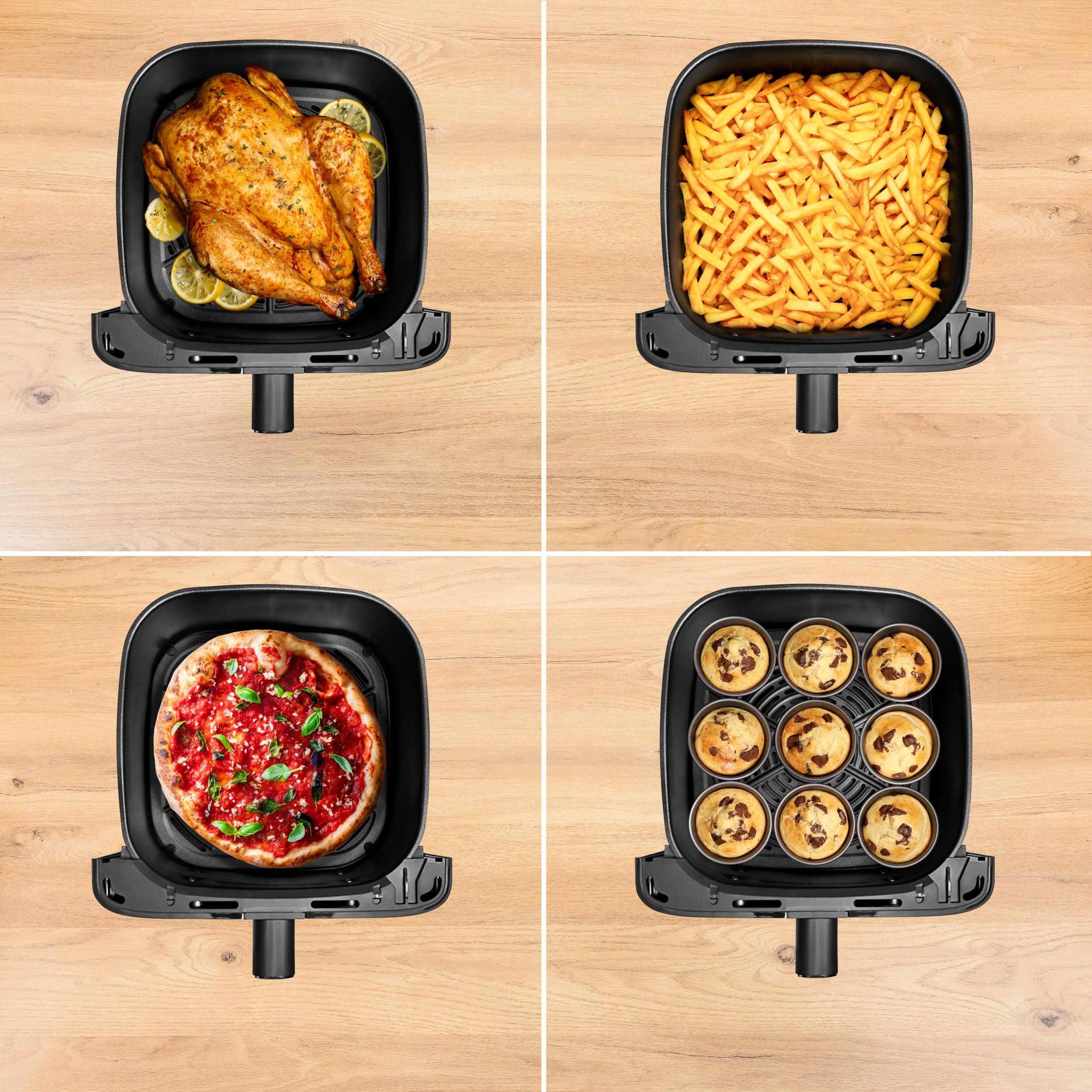 Vier Bilder, die in einer Heißluftfritteuse zubereitete Speisen zeigen: Hähnchen, Pommes, Pizza und Muffins.