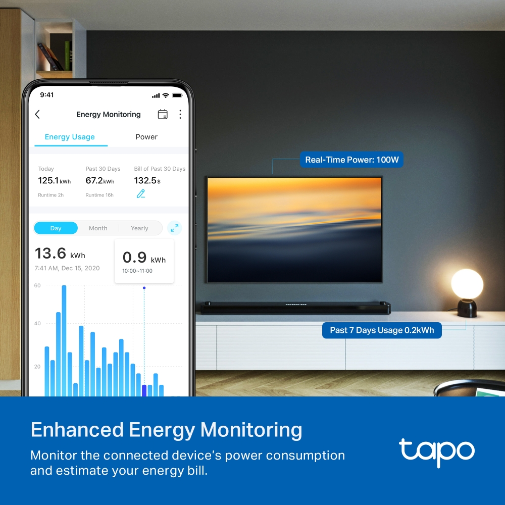 Egy telefon, amely az energiafogyasztást mutatja egy okostévén.