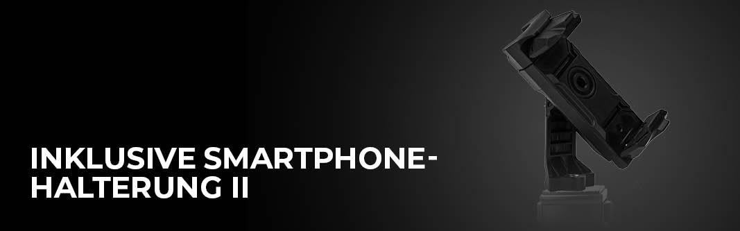 Schwarzer Smartphone-Halter mit schwarzem Hintergrund und Text.