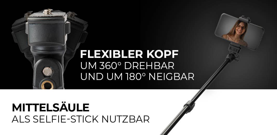 Ein Selfie-Stick mit Text, der ein montiertes Smartphone und einen Kopf zeigt.