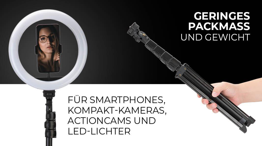 Ringlicht mit Telefon, Stativ und Text: 'GERINGES PACKMASS UND GEWICHT'.