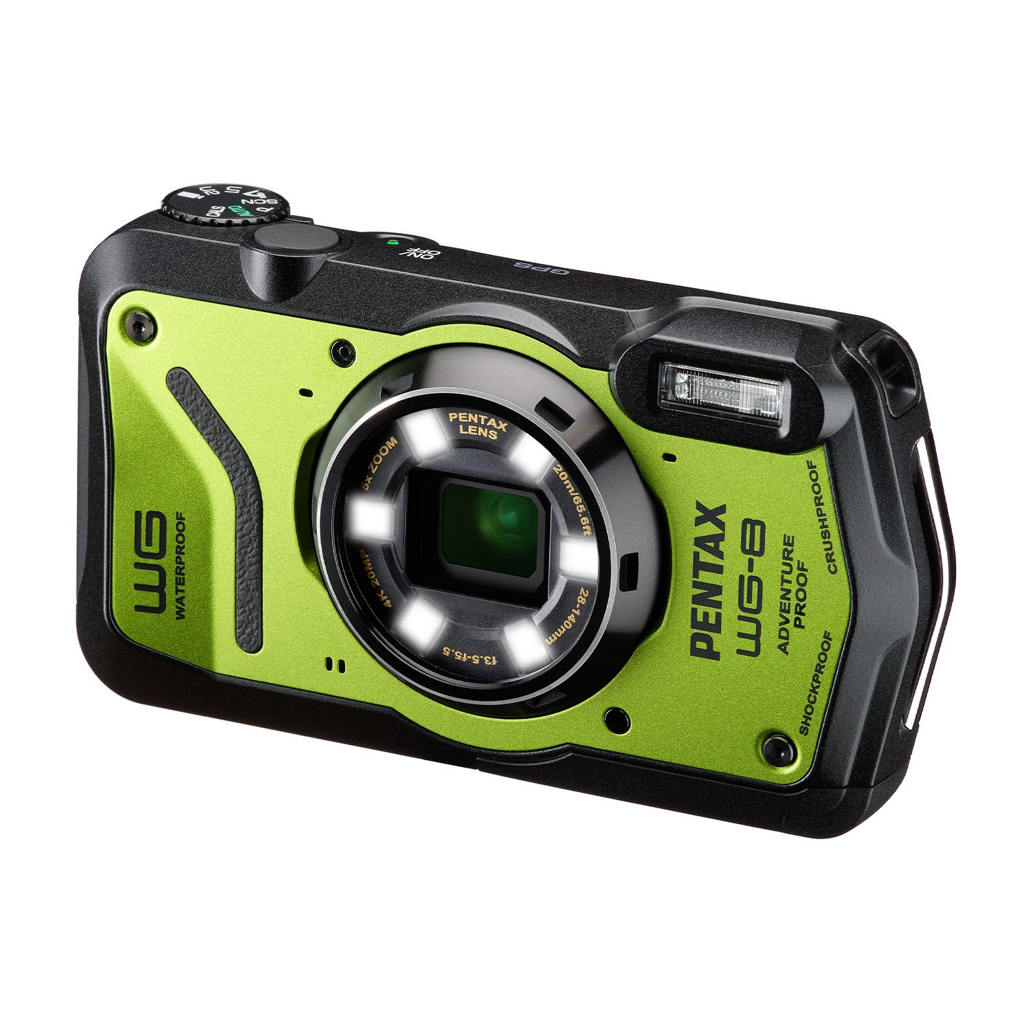 Fotocamera impermeabile verde lime e nera con obiettivo e flash.
