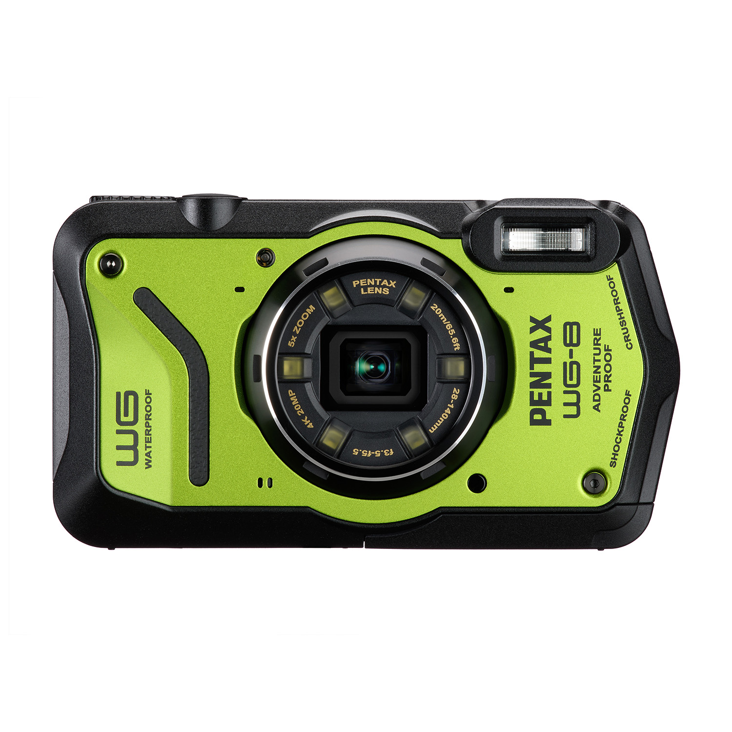 Fotocamera verde impermeabile con cornice nera, obiettivo e flash. Ha testo: PENTAX WG-8, adventure proof, shockproof.