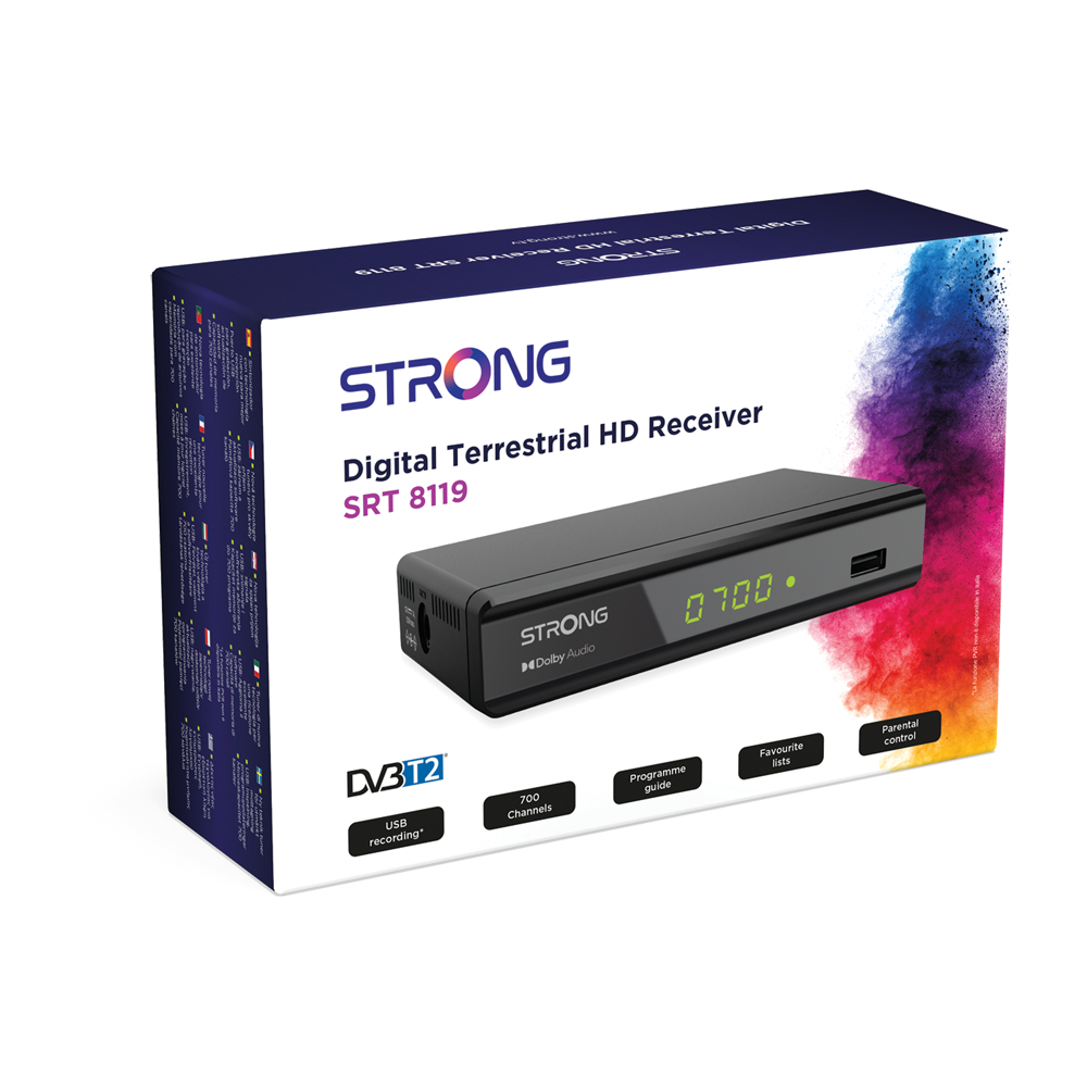 Schachtel eines Strong Digital Terrestrial HD Receivers mit schwarzem Receiver und Symbolen, die Funktionen anzeigen.