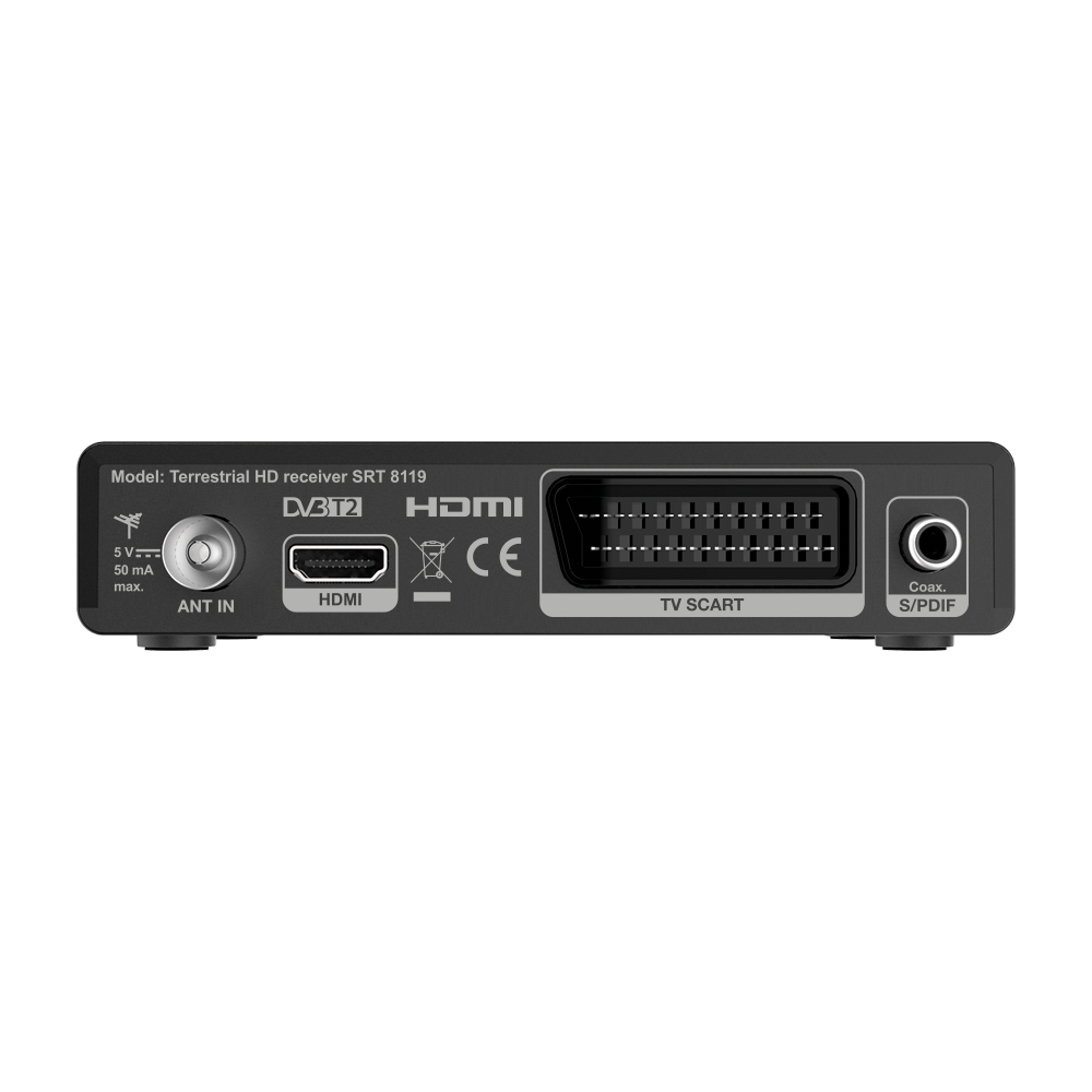 Rückseite eines schwarzen terrestrischen HD-Receivers SRT 8119 mit Anschlüssen.
