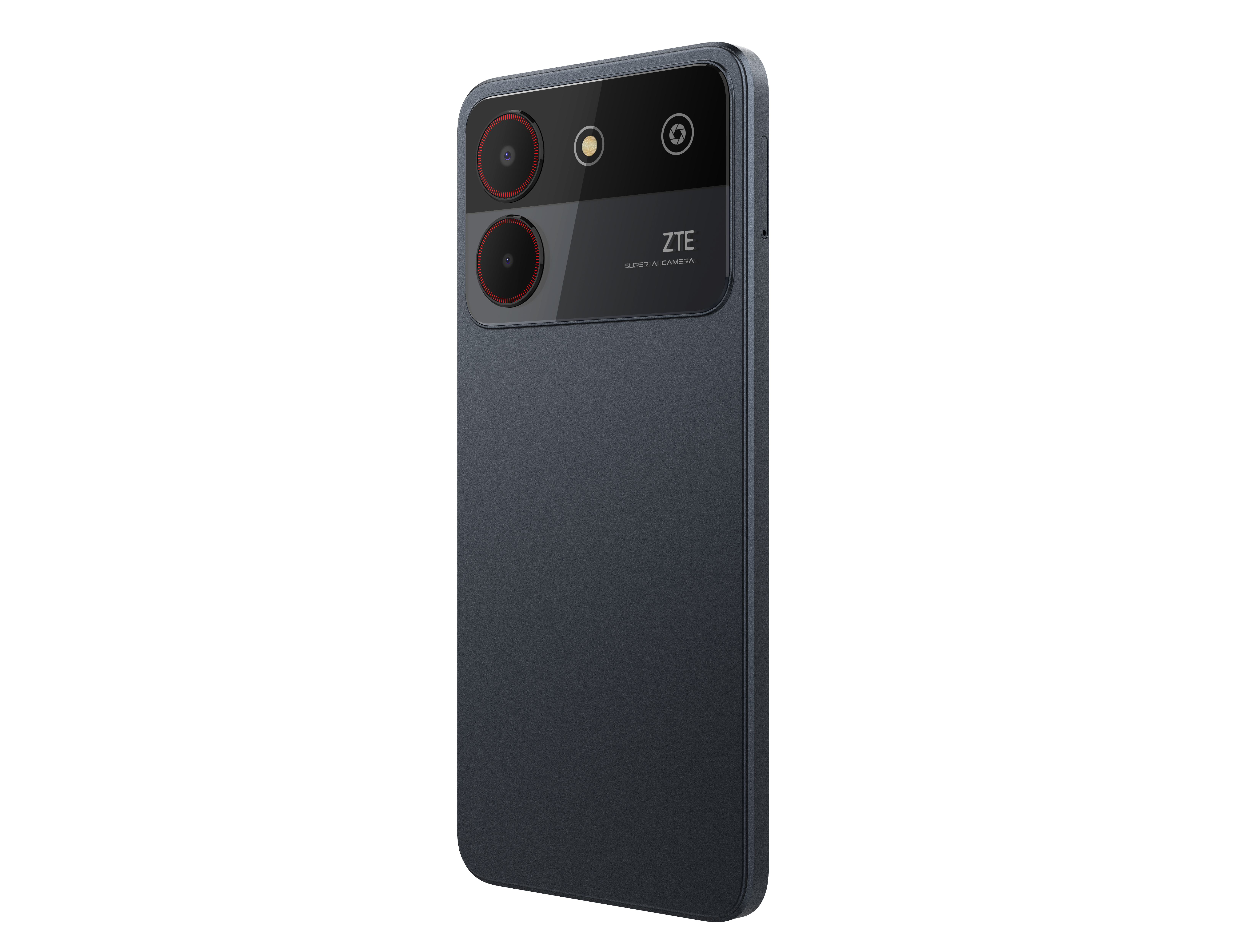 Dunkelblaues Smartphone mit Dual-Objektiv-Kamera. ZTE-Logo sichtbar. Telefon hat schwarzes Kameramodul.