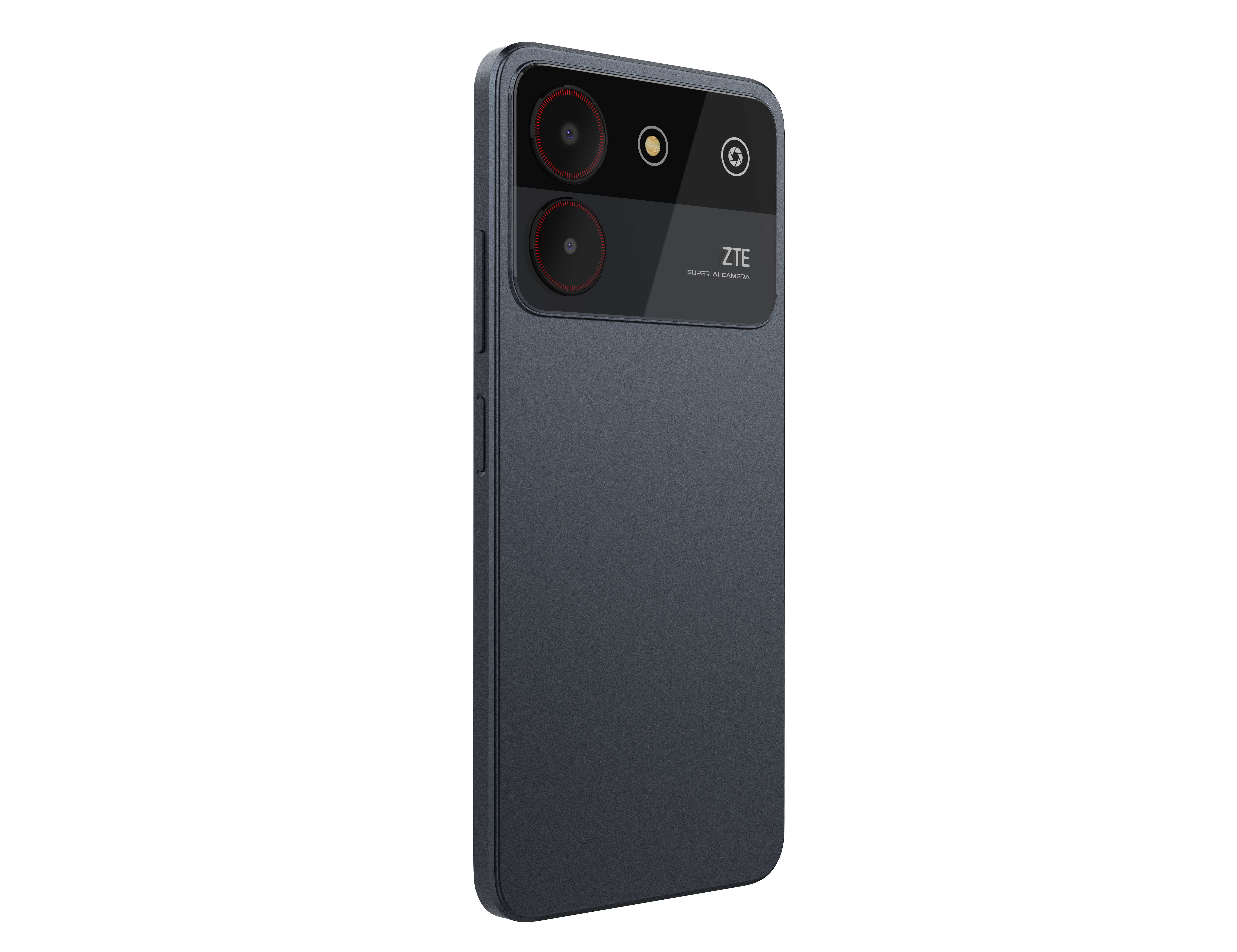 Ein dunkelblaues ZTE-Telefon mit Dreifach-Kamera-Setup, Rückansicht, vor weißem Hintergrund.