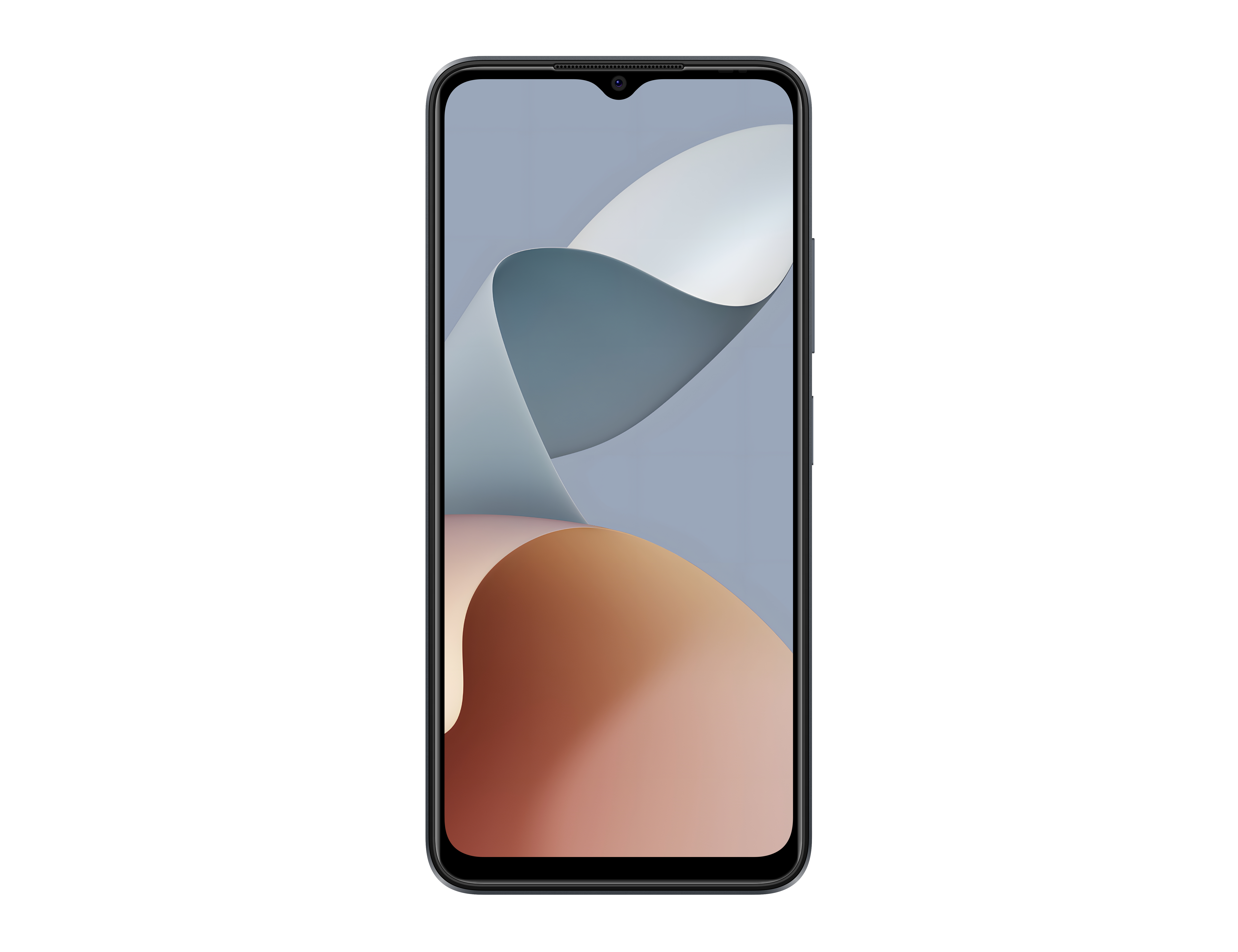 Ein schwarzes Smartphone mit hellblau-braunem Hintergrund. Es hat eine Frontkamera und einen schwarzen Rahmen.