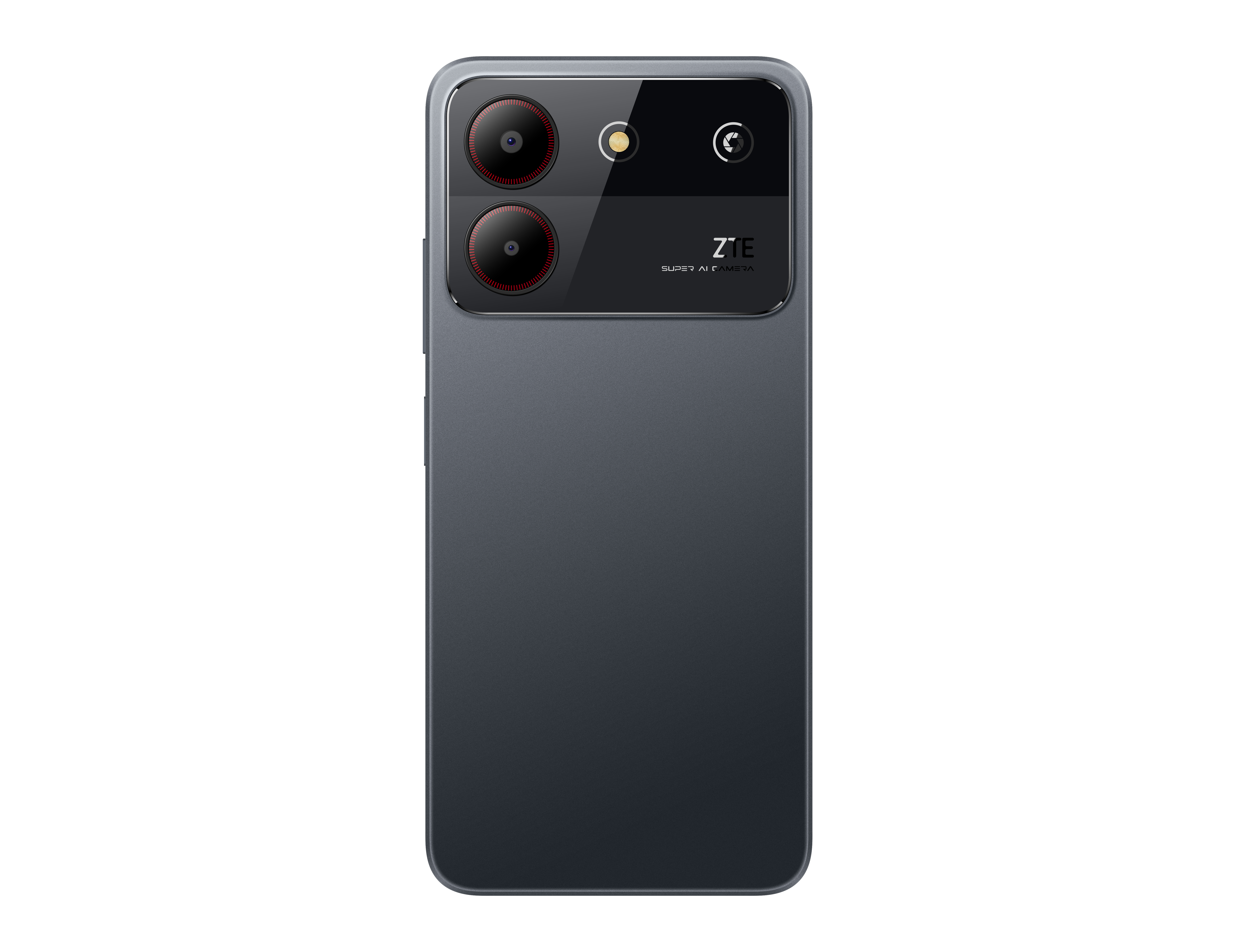 Die Rückseite eines dunkelgrauen Smartphones mit drei Kameralinsen. ZTE-Logo vorhanden. Der Hintergrund ist weiß.