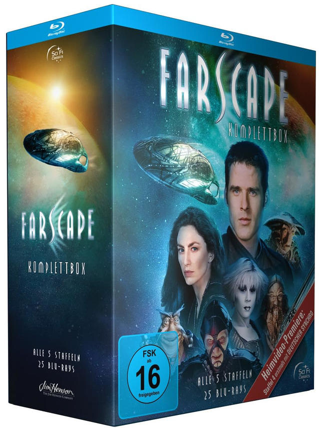 Farscape Komplettbox auf Blu-ray. Das Cover zeigt eine Gruppe von Leuten und ein Raumschiff.
