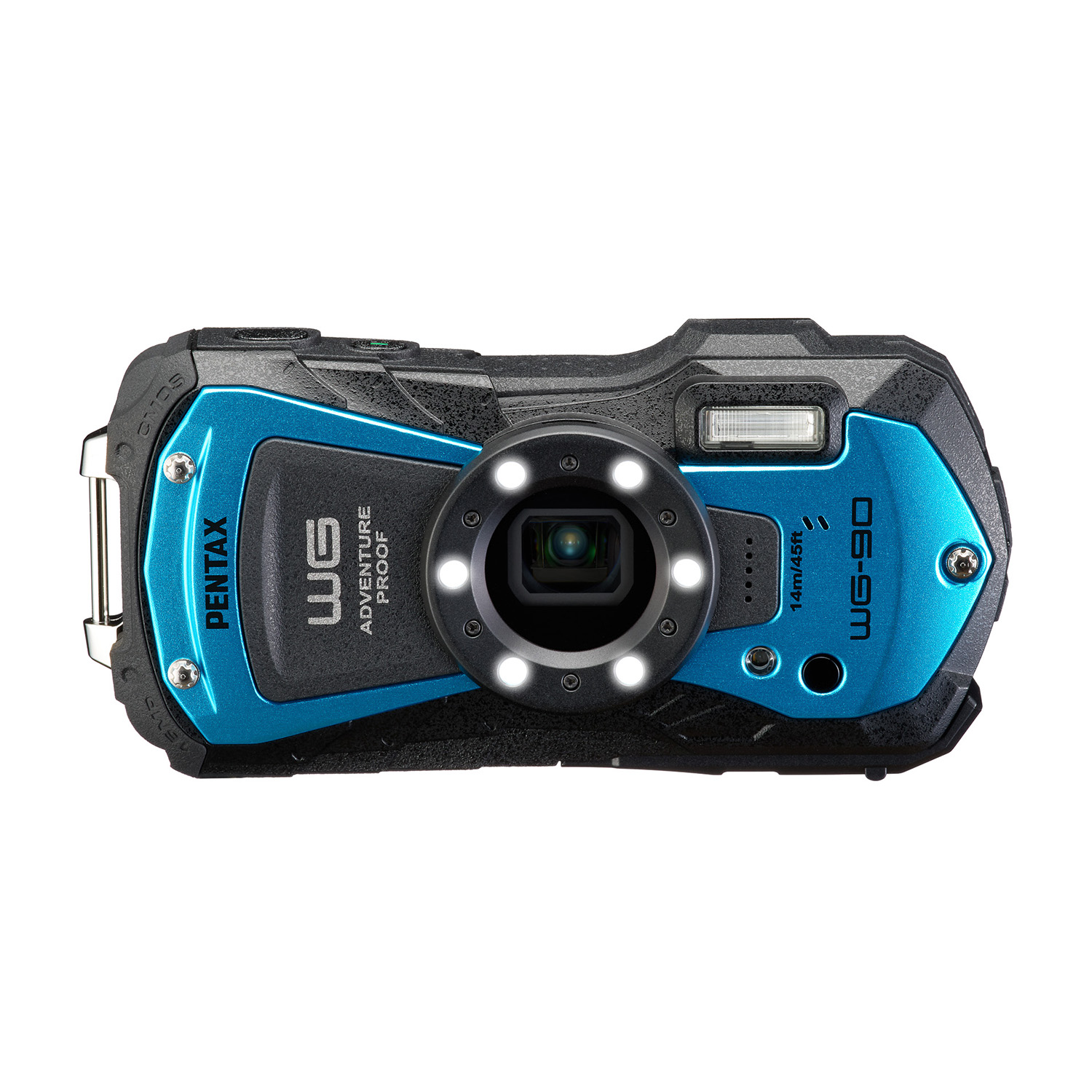 Fotocamera robusta blu e nera con obiettivo e diverse luci intorno.
