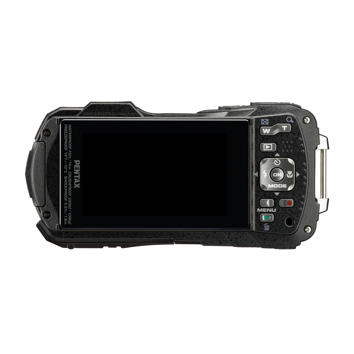Una fotocamera Pentax impermeabile nera e argento con schermo nero viene mostrata su uno sfondo bianco.