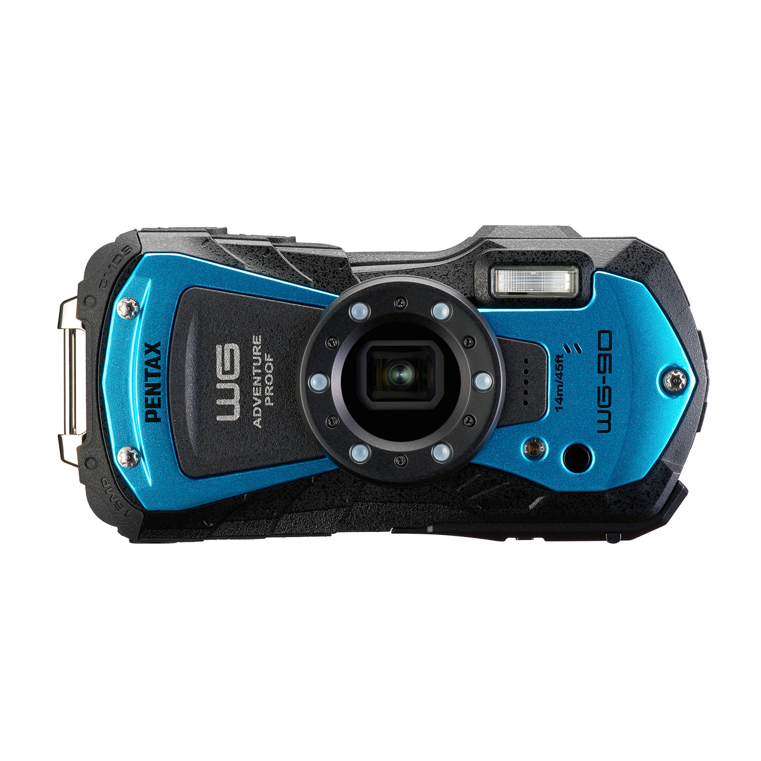 Una fotocamera blu e nera Pentax WG-90 adventure proof. Ha un obiettivo e dei pulsanti.