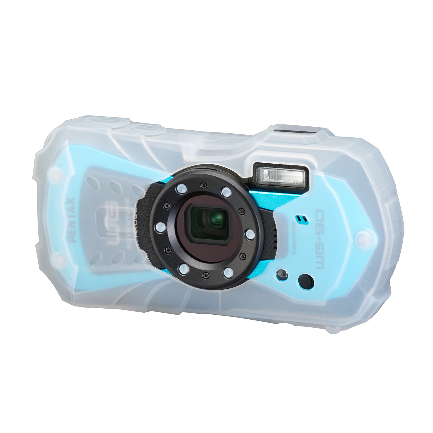 Una fotocamera Pentax WG-90 blu e trasparente incapsulata, su sfondo bianco.